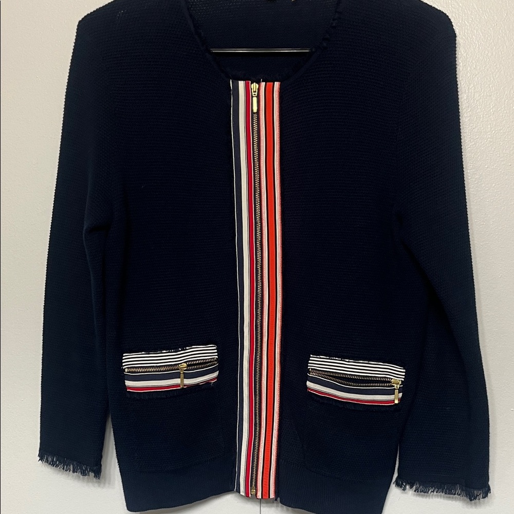 Bella NYC Navy zip Cardigan with Striped Trim LIKE NEW! Size S